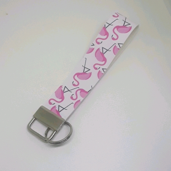 Hand Crafted Accessories - Flamingo pattern wristlet keychain